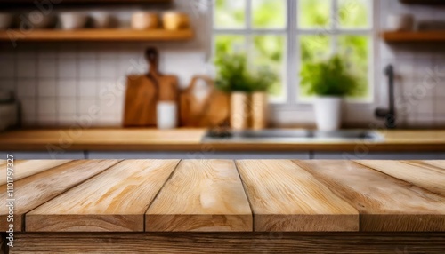 Rustic Wooden Table Against a Softly Blurred Kitchen Bench Background, Perfect for Showcasing Products, Food Presentations, or Stylish Interior Design Concepts with Natural Charm