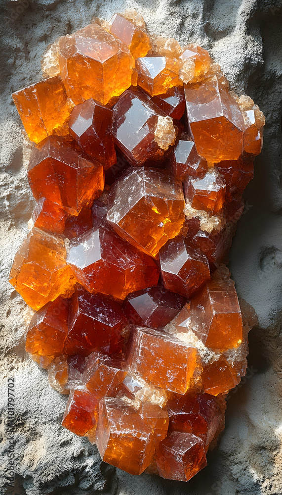 Cluster of vibrant orange crystals embedded in grey rock. Cluster of vibrant orange crystals embedded in grey rock.
