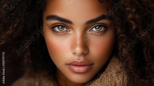 A close-up portrait showcases a young woman with striking features and expressive eyes, suitable for beauty, skincare, or lifestyle brands, emphasizing natural beauty and authenticity,