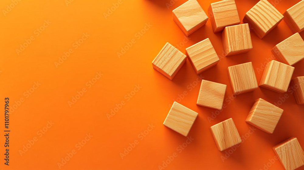 Scattered Wooden Cubes on Orange Background Scattered Wooden Cubes on Orange Background