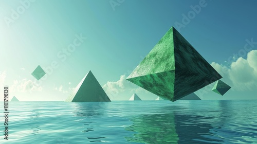 3D render of large green pyramids suspended above a calm ocean under a clear sky. The surreal scene creates a futuristic, tranquil mood with the reflective water and pastel tones.