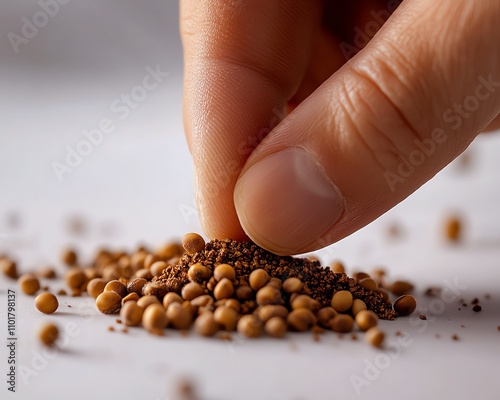 Closeup of a hand planting a mustard seed on a white background, warm light emphasizing the seed s potential for growth and transformation photo