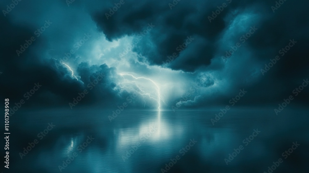 Obraz premium Dramatic storm with lightning illuminating dark clouds over a reflective body of water.