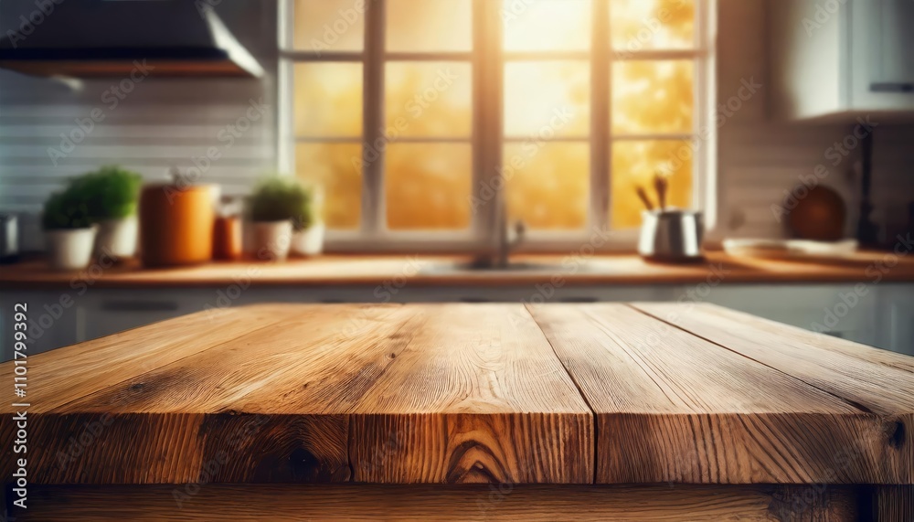 Wooden texture table top with a soft, natural finish against a blurred kitchen window background, ideal for showcasing products in a bright, inviting home setting. Perfect for visuals. Wooden texture table top with a soft, natural finish against a blurred kitchen window background, ideal for showcasing products in a bright, inviting home setting. Perfect for visuals.
