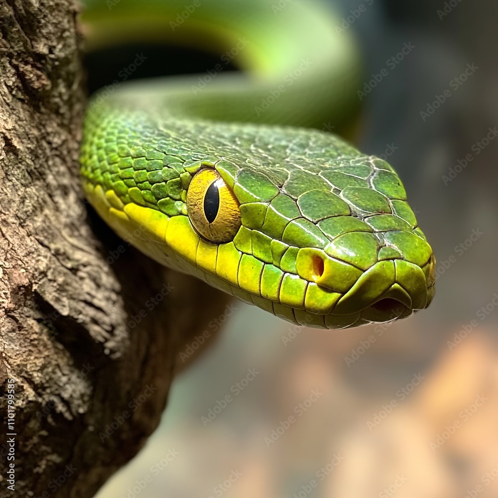 Fototapeta premium Green snake with yellow eyes hangs from a tree branch. Predatory reptile is preparing to pounce on its prey. Kufii, Latin: Trimeresurus is genus of venomous snakes in pithead subfamily of viper family