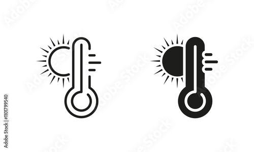 Hot Temperature Line and Silhouette Icon Set. Thermometer with Sun Pictogram, Heat Sunny Day. Global Warming Sign. Isolated Vector Illustration