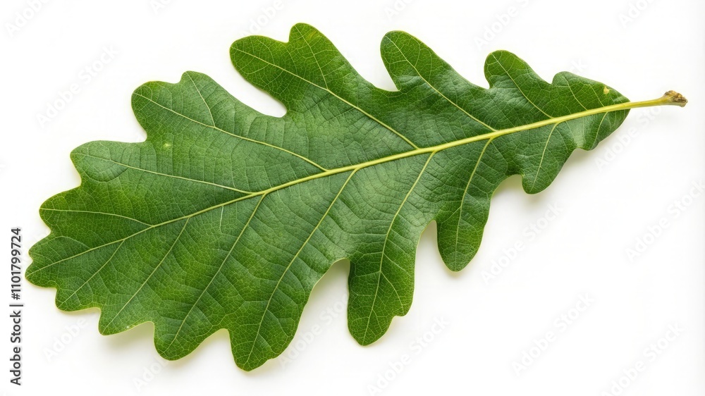 Vibrant green oak leaf on a white background symbolizes nature, growth, and environmental awareness Vibrant green oak leaf on a white background symbolizes nature, growth, and environmental awareness