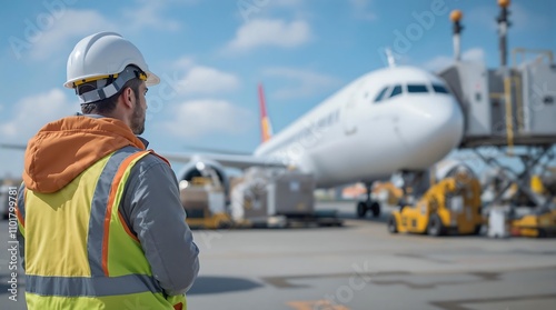 Airport Ground Crew Member Overseeing Aircraft Operations. Generator AI photo