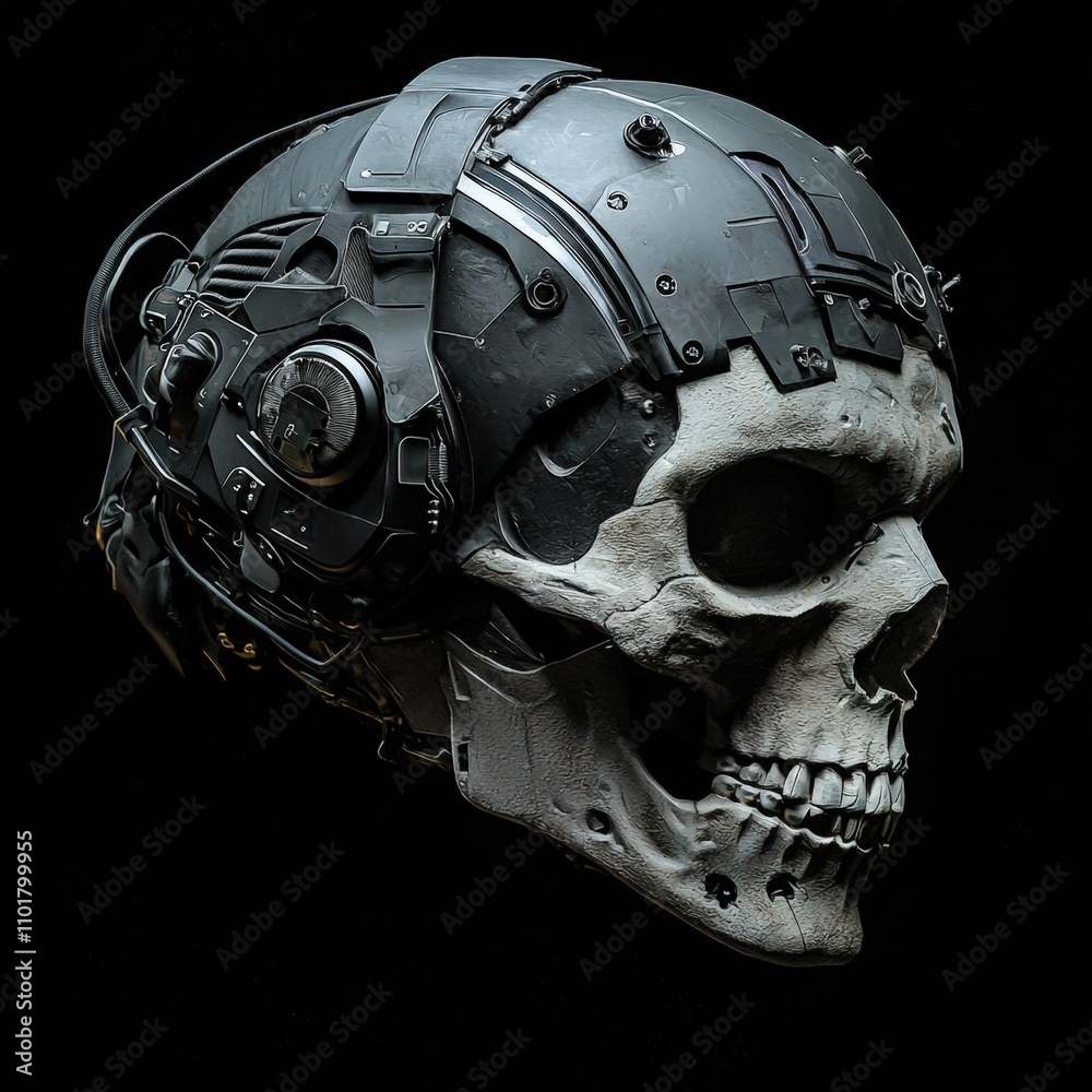 A futuristic, cybernetic skull with intricate mechanical details, set against a dark background, Ideal for technology, sci-fi themes A futuristic, cybernetic skull with intricate mechanical details, set against a dark background, Ideal for technology, sci-fi themes
