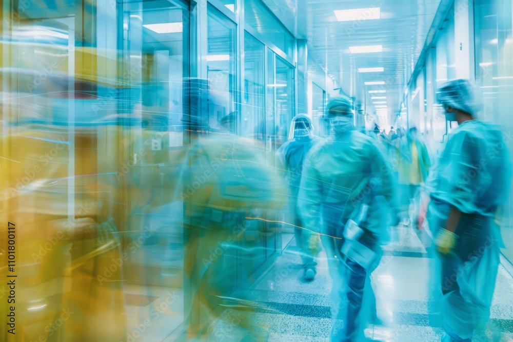 Blurred motion of healthcare professionals in protective attire moving through a brightly lit hospital corridor, emphasizing urgency and activity Blurred motion of healthcare professionals in protective attire moving through a brightly lit hospital corridor, emphasizing urgency and activity