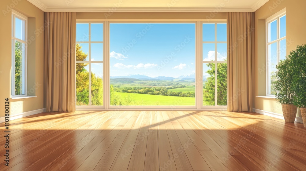 Sunlit Room With Expansive View And Wooden Floor Sunlit Room With Expansive View And Wooden Floor