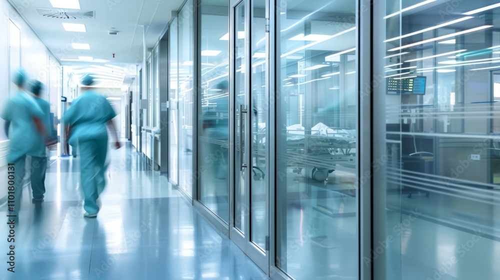 Bright hospital corridor with reflective glass partitions and medical staff in scrubs walking by. Sleek design and a clean, sterile environment Bright hospital corridor with reflective glass partitions and medical staff in scrubs walking by. Sleek design and a clean, sterile environment