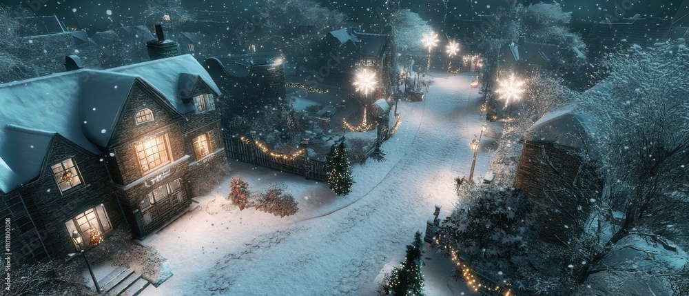 Enchanting Winter Village Scene with Snowfall and Festive Decorations, Ideal for Holiday Card Designs and Winter Wonderland Themes Enchanting Winter Village Scene with Snowfall and Festive Decorations, Ideal for Holiday Card Designs and Winter Wonderland Themes