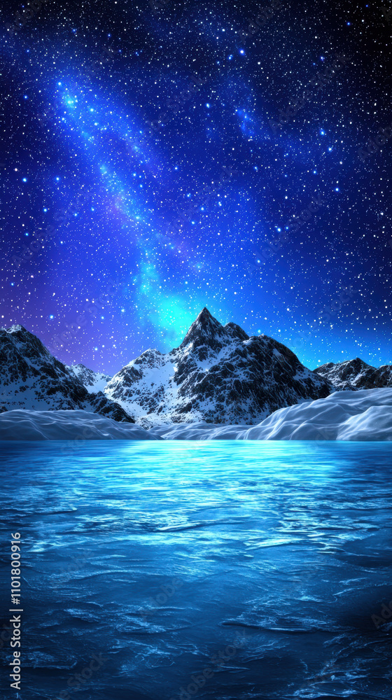 stunning winter night background showcasing starry sky, mountains, and reflective icy lake. vibrant colors create serene and magical atmosphere stunning winter night background showcasing starry sky, mountains, and reflective icy lake. vibrant colors create serene and magical atmosphere