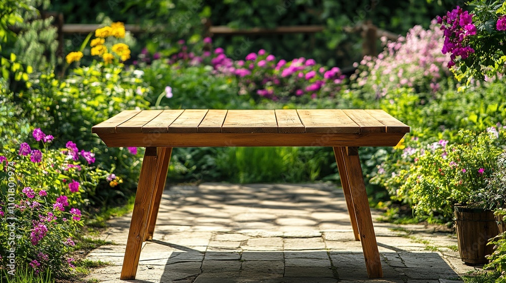 Vibrant Wooden Table Set in Lush Garden During Summer Season Vibrant Wooden Table Set in Lush Garden During Summer Season