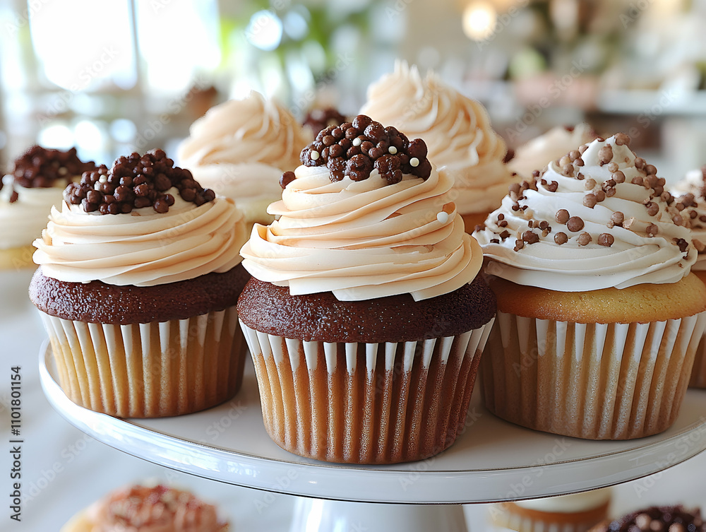Delicious chocolate and vanilla cupcakes with frosting and sprinkles on a cake stand. Delicious chocolate and vanilla cupcakes with frosting and sprinkles on a cake stand.