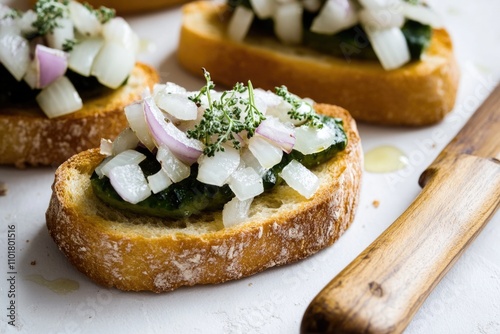 Freshly prepared bread topped with sautéed onions, perfect for a snack or sandwich photo