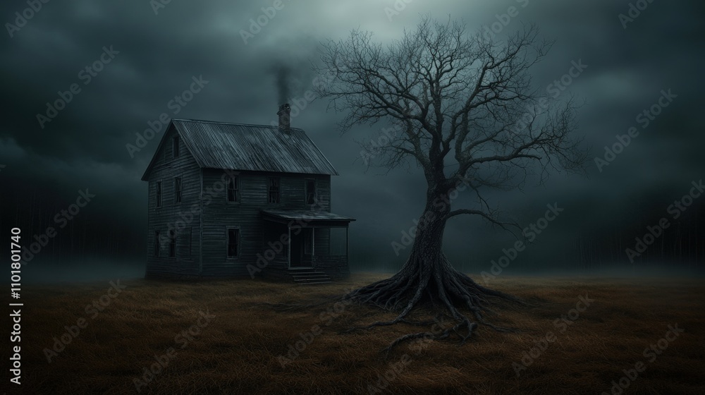 A haunting, desolate scene featuring a dark, abandoned house with a skeletal tree nearby under ominous skies, This image is ideal for themes of mystery, horror, and isolation, A haunting, desolate scene featuring a dark, abandoned house with a skeletal tree nearby under ominous skies, This image is ideal for themes of mystery, horror, and isolation,