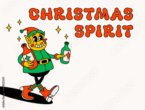 Santas Elf with bottles and christmas spirit text. Groovy vintage funny Elf character with bottle
