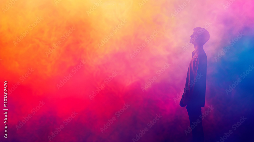 Abstract happy Holi colorful background with a silhouette of a man in colored