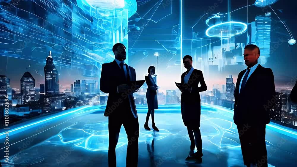 Silhouetted figures in a futuristic cityscape with digital elements and technology. Silhouetted figures in a futuristic cityscape with digital elements and technology.
