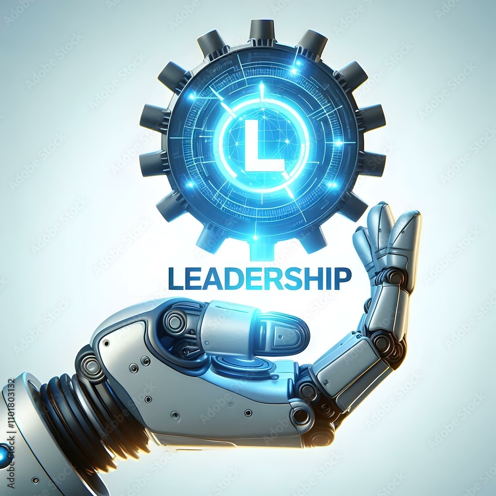 Flat Macro of Robotic Arm Holding Glowing Leadership Emblem - Futuristic Technology in Business Flat Macro of Robotic Arm Holding Glowing Leadership Emblem - Futuristic Technology in Business
