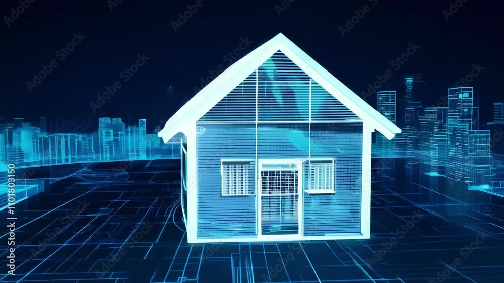 Futuristic holographic house model with glowing blue lines, displayed in a high-tech digital environment, symbolizing smart home innovation 4K video