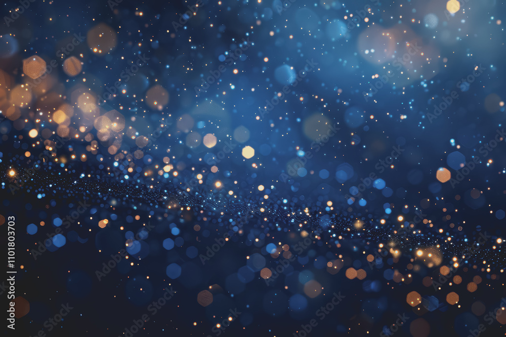Glittering New Year's Eve party scene with fireworks on a dark blue background. Minimal style.