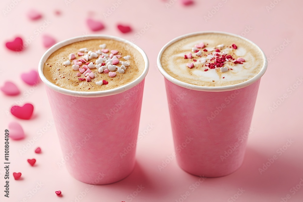 Romantic valentine's day vibe is set by two pink takeaway coffee cups adorned with heart-shaped sprinkles Romantic valentine's day vibe is set by two pink takeaway coffee cups adorned with heart-shaped sprinkles