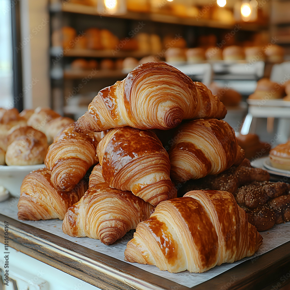 Golden-brown croissants stacked on a wooden display in a bakery. Golden-brown croissants stacked on a wooden display in a bakery.
