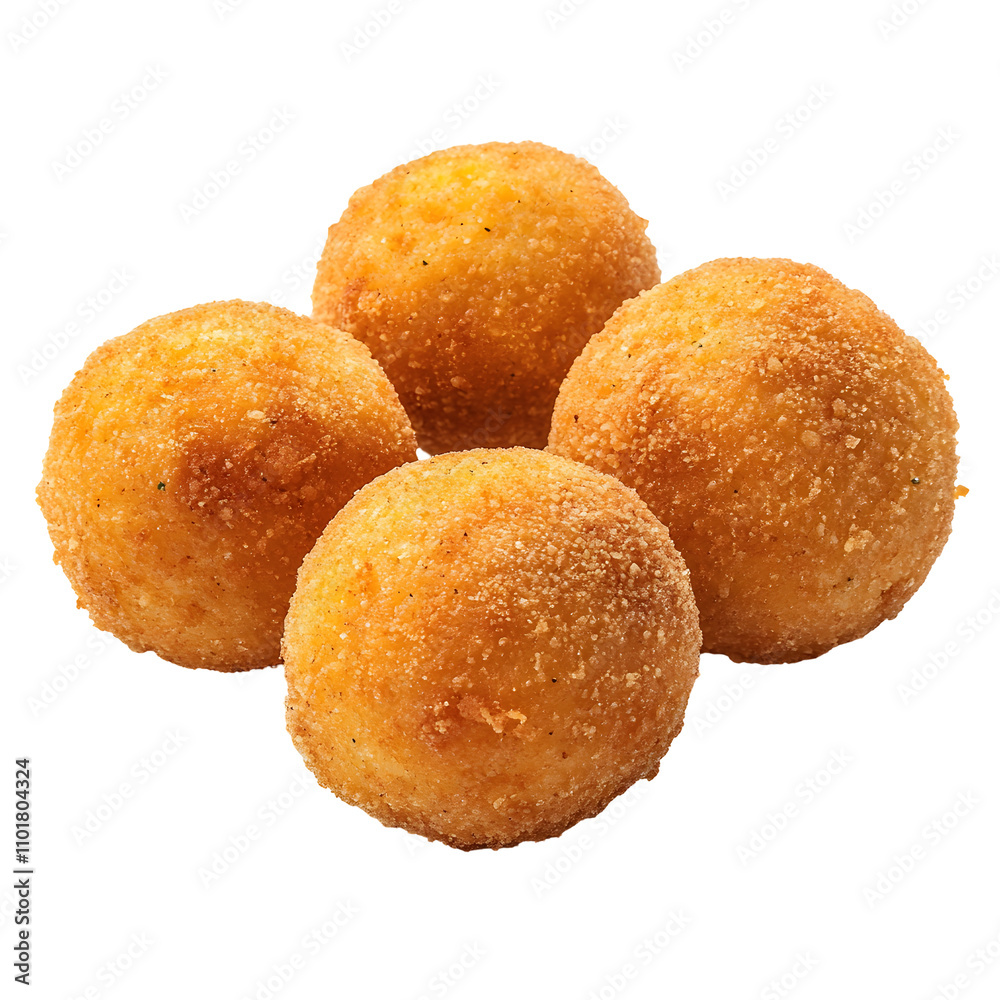Four golden, crispy spheres, likely deep-fried, served as a snack or appetizer. Four golden, crispy spheres, likely deep-fried, served as a snack or appetizer.