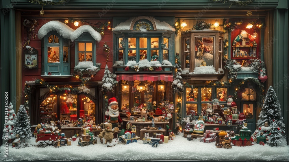 Obraz premium Christmas toy store window display with wooden toys and snowy decor