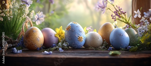 A whimsical arrangement of Easter eggs and spring flowers on a rustic wooden table bathed in soft natural light