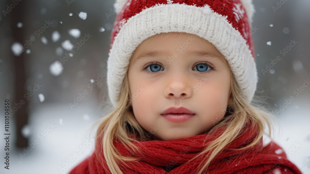 Portrait of cute little girl in woolen hat and wrapped in woolen scarf outside on the cold snowy winter day Portrait of cute little girl in woolen hat and wrapped in woolen scarf outside on the cold snowy winter day