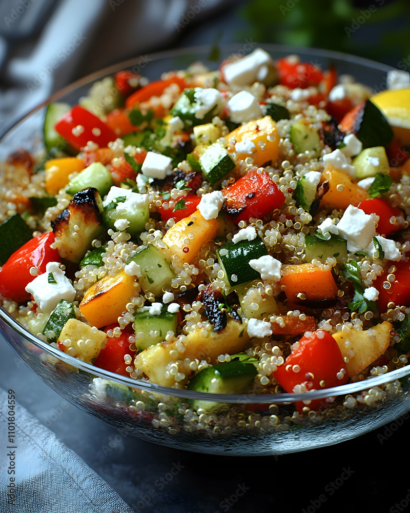 Grilled vegetable and quinoa salad with feta cheese in a glass bowl. Grilled vegetable and quinoa salad with feta cheese in a glass bowl.