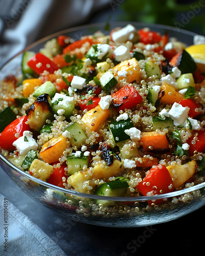 Grilled vegetable and quinoa salad with feta cheese in a glass bowl.