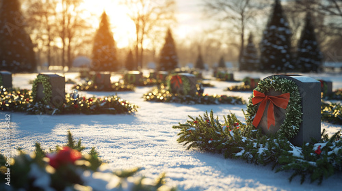 Snowy Cemetery Christmas Wreaths  Winter Sunset