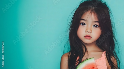 A cute Asian girl with long dark hair and bare shoulders, standing and eating a delicious piece of watermelon while looking away, set against a turquoise background.