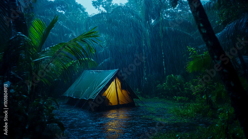 Quiet rain on a tent in a tropical forest at night