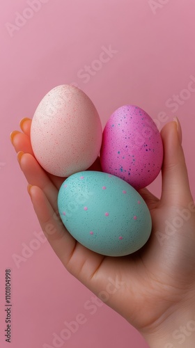 Colorful pastel eggs held in a hand against a pink background during spring c...
