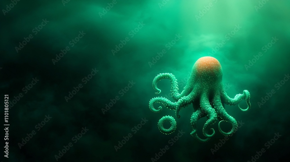 Glowing Bioluminescent Deep Sea Creature with Swirling Alien Tentacle Forms Floating in the Dark Abyss Captured in Dramatic Cinematic Lighting and 3D Rendering Glowing Bioluminescent Deep Sea Creature with Swirling Alien Tentacle Forms Floating in the Dark Abyss Captured in Dramatic Cinematic Lighting and 3D Rendering