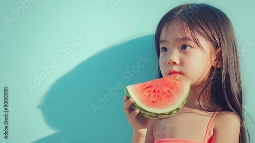 A cute Asian girl with long dark hair and bare shoulders, standing and eating a delicious piece of watermelon while looking away, set against a turquoise background.