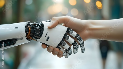 Robotic Human Handshake Digital Marketing Partnership Abstract Photo Bokeh Background Copy Space