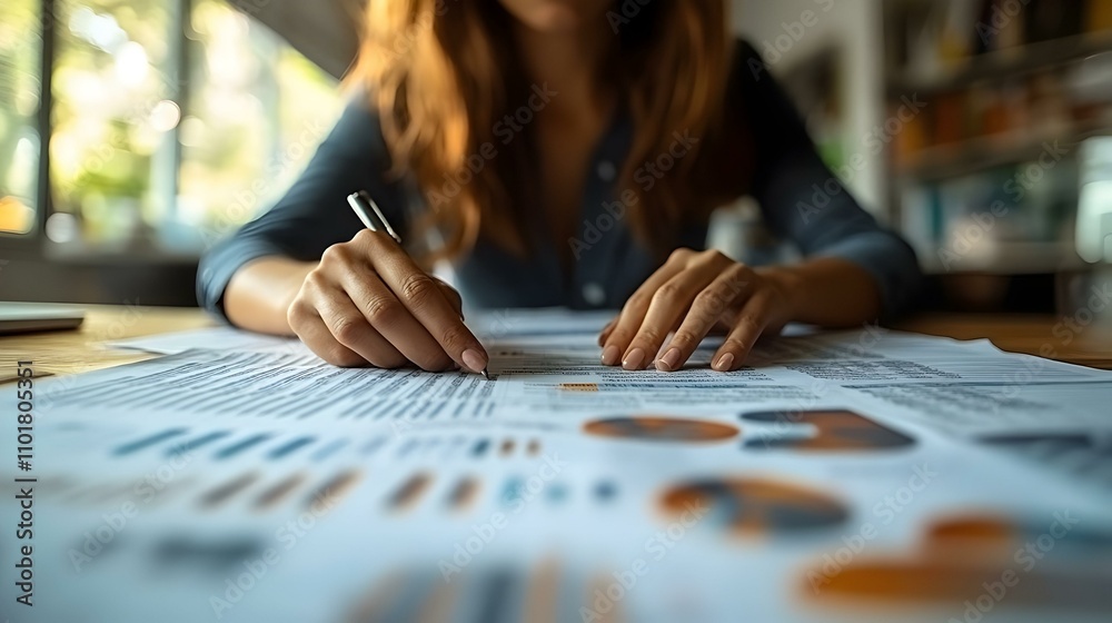 Fototapeta premium Businesswoman Analyzing Financial Spreadsheets in Workspace Setting for Marginal Cost Insights