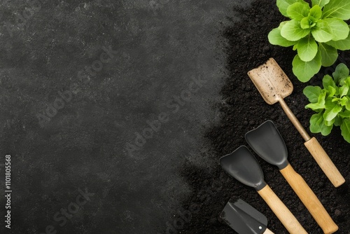 Preparing fresh herbs for planting in pots on a dark background with gardenin...
