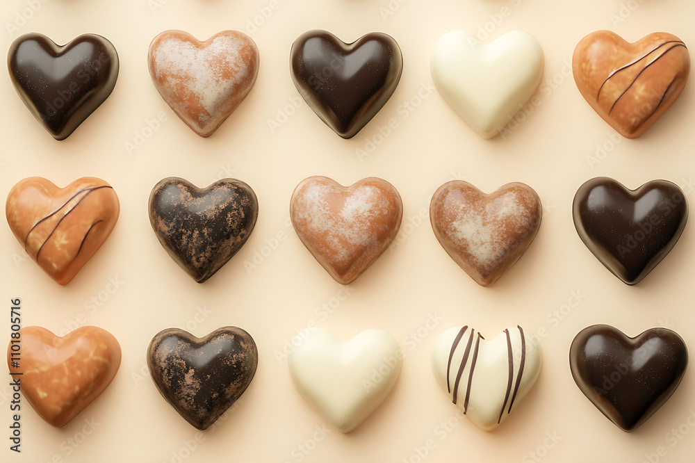 Obraz premium Beautiful heart-shaped chocolates displayed on a beige backdrop, forming a charming design