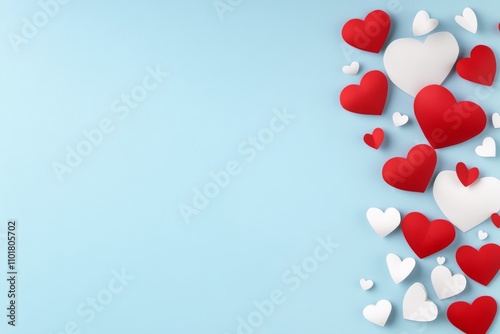 Colorful hearts scattered on a light blue background create a festive atmosphere