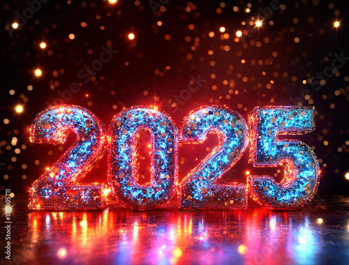 Year 2025 golden metallic symbol isolated red shining background, New Year 2025 celebration