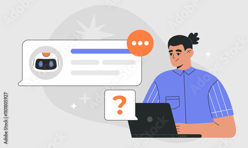 AI chat bot and man virtual dialog, human using Artificial Intelligence online help for business, user messaging via laptop with android assistant. Flat vector illustration, isolated grey background