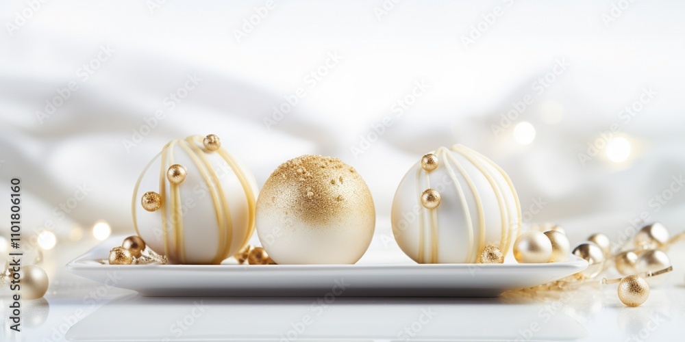 Fototapeta premium White and gold colored luxury elegantly bonbons for Christmas and cozy blur background, banner